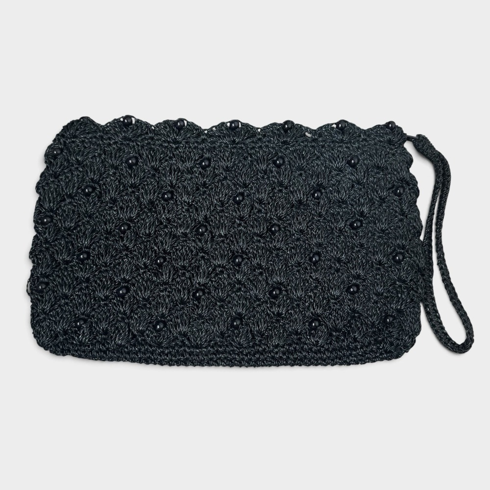 Vintage Marshall Fields Straw Beaded Clutch Bag Black Woven Whimsigoth Y2K NEW